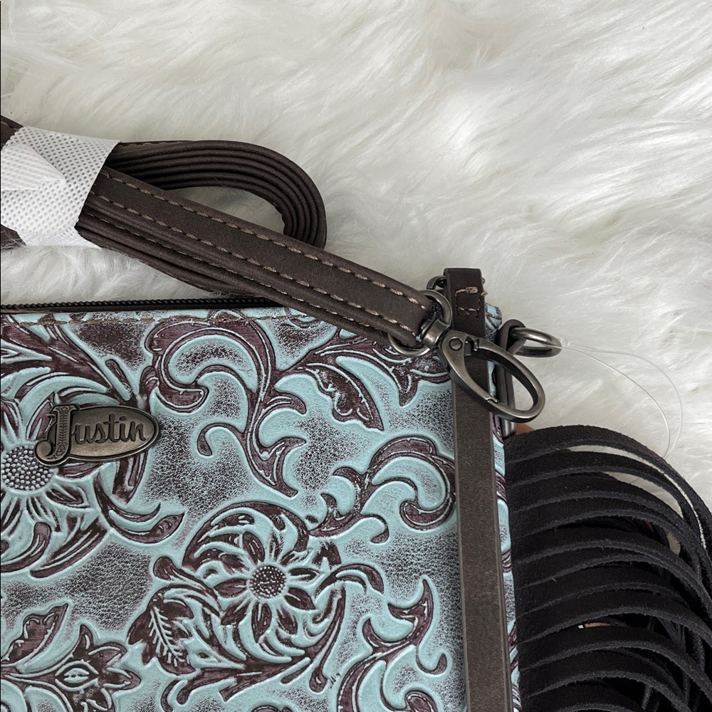 🆕 JUSTIN WOMEN'S CROSSBODY BAG TURQUOISE TOOLED SUNFLOWER PATTERN FRINGE - Picture 11 of 11